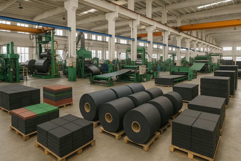 Rubber flooring rolls and tiles in a Chinese factory with green machines and industrial layout