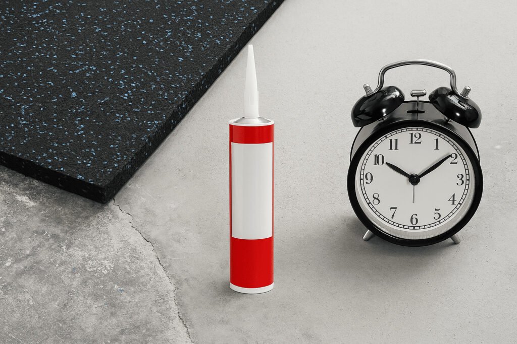 Rubber flooring installation mistakes showing subfloor cracks, unused adhesive, and a clock.