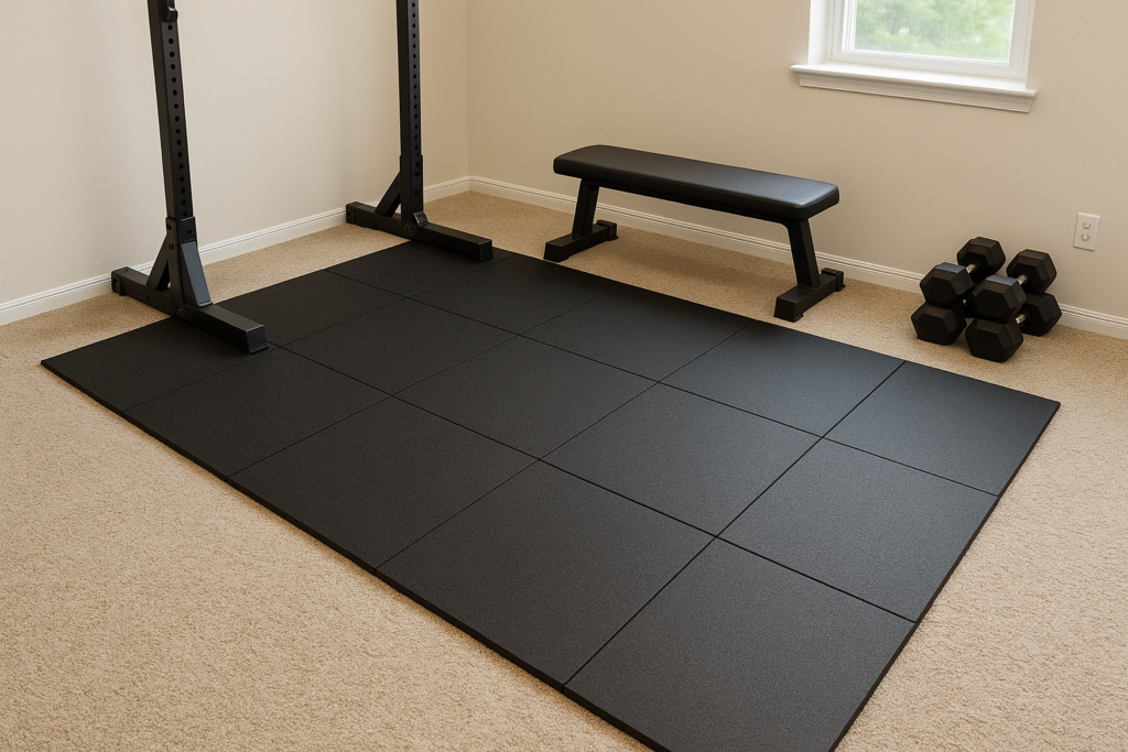 Black rubber gym flooring installed over beige carpet in a home gym, with a weight bench, dumbbells, and squat rack