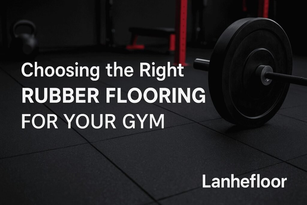 Rubber flooring for gym with barbell on black rubber tiles inside a professional fitness center