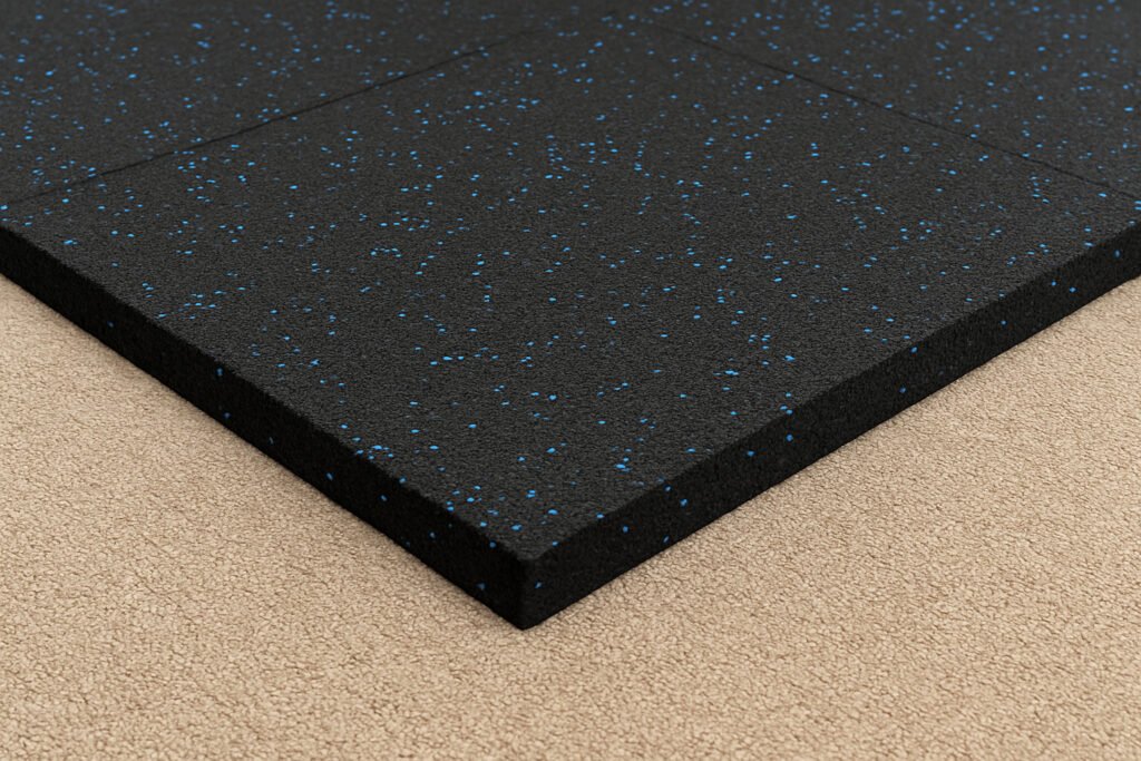 rubber gym flooring installed over beige carpet using composite rubber tiles
