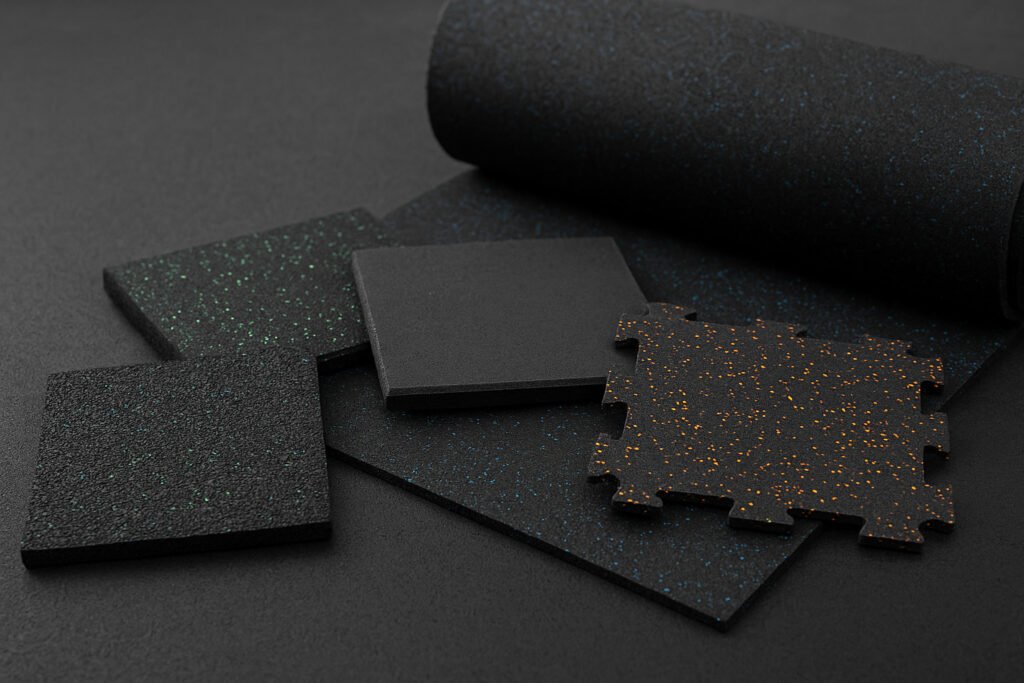 Samples of rubber gym flooring including tiles and rolls, displayed on a dark surface