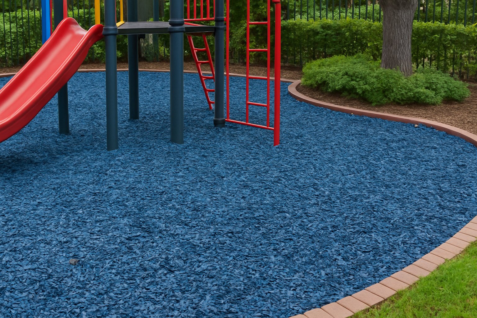 Blue rubber mulch used under a colorful playground with red slides and yellow bars, surrounded by trees and garden landscaping.