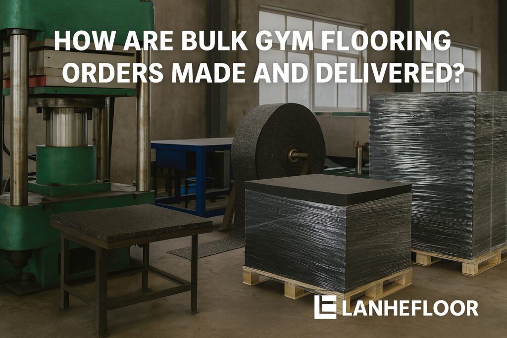 Lanhefloor factory showing rubber tile molding machine and export-ready gym flooring