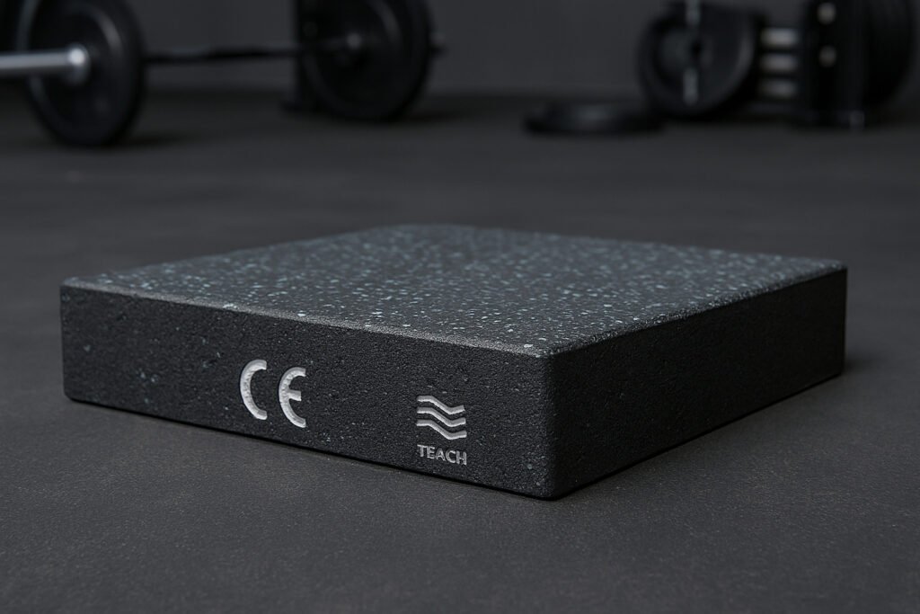 This image displays a dark speckled rubber gym tile, featuring certification marks for CE and REACH. It is placed in a professional gym setting, highlighting compliance with European flooring standards for safety and chemical regulation.