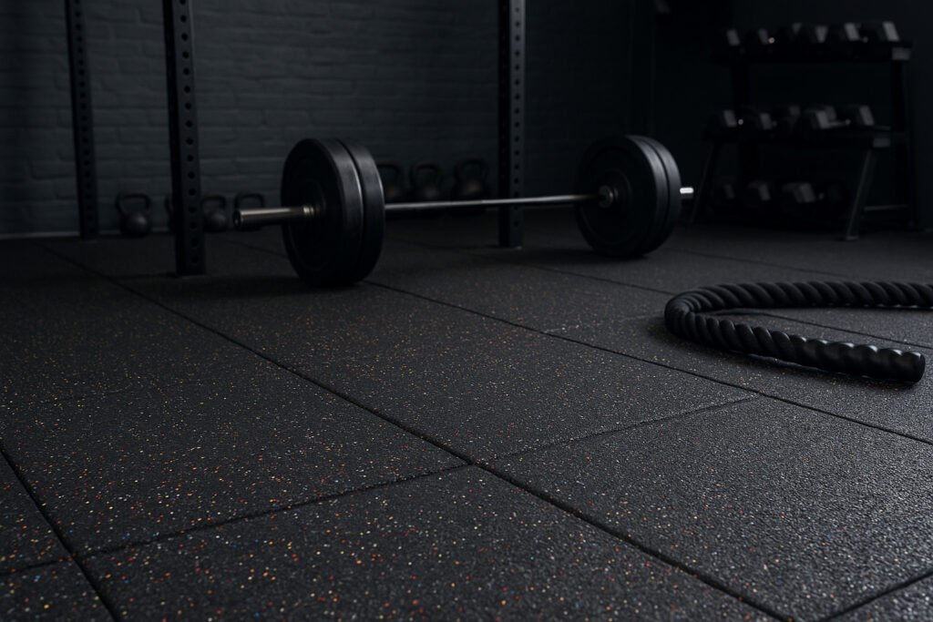 rubber gym flooring with barbell and battle rope in a CrossFit training area