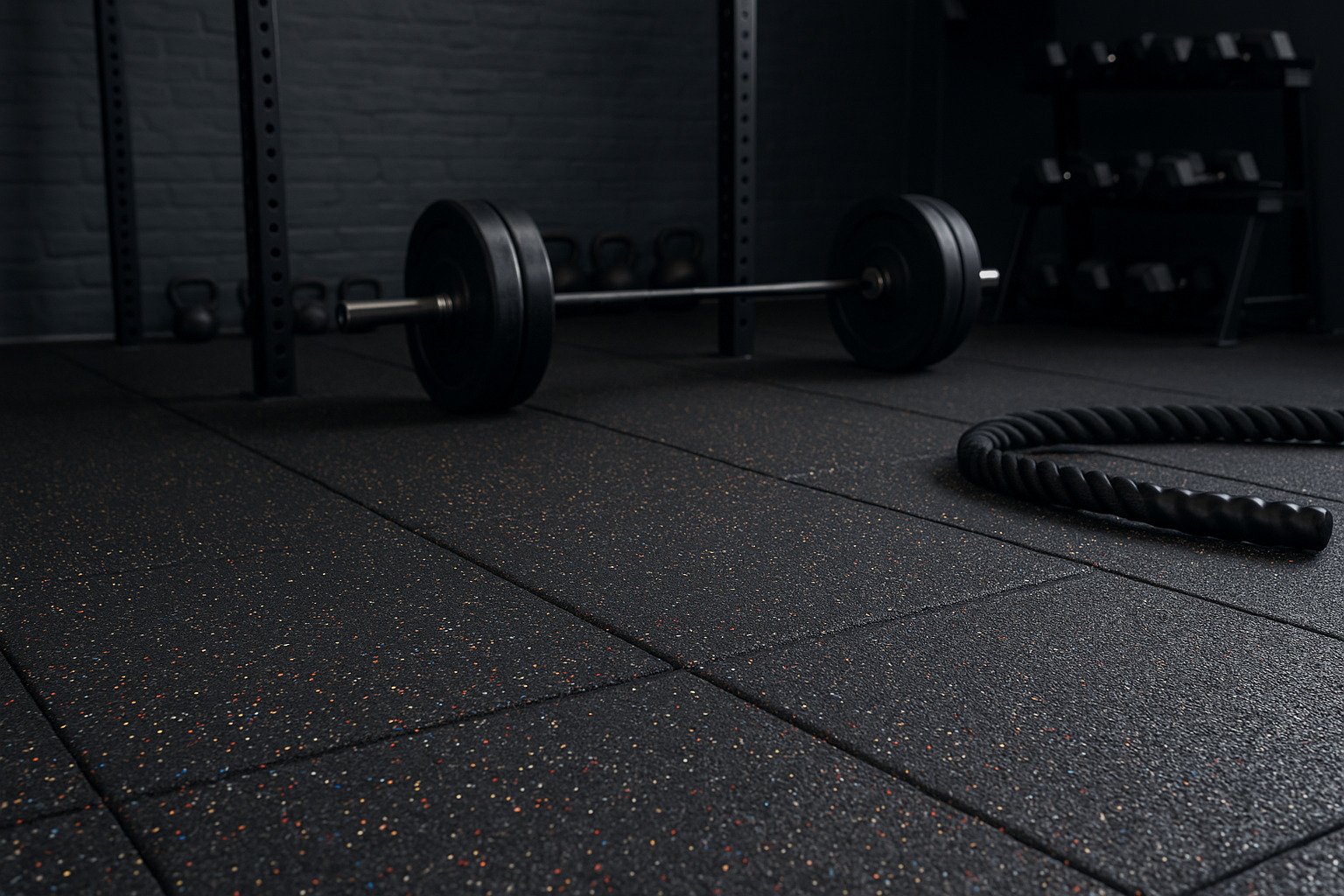 rubber gym flooring with barbell and battle rope in a CrossFit training area