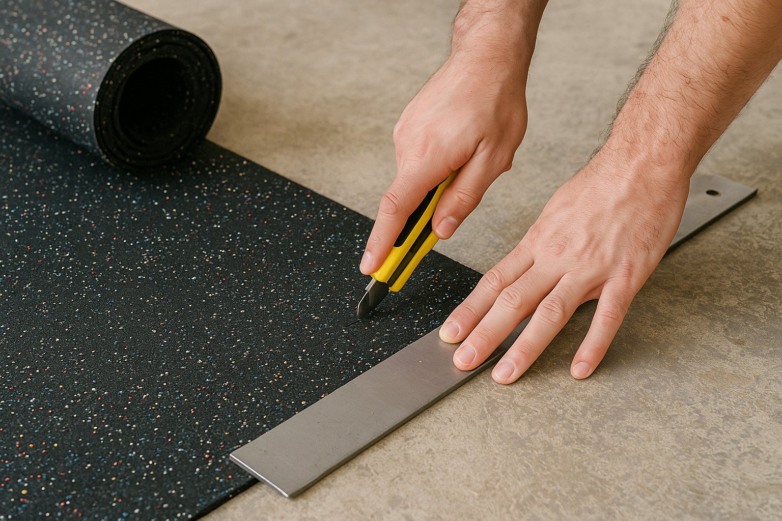 cutting rubber flooring roll with utility knife and straight edge