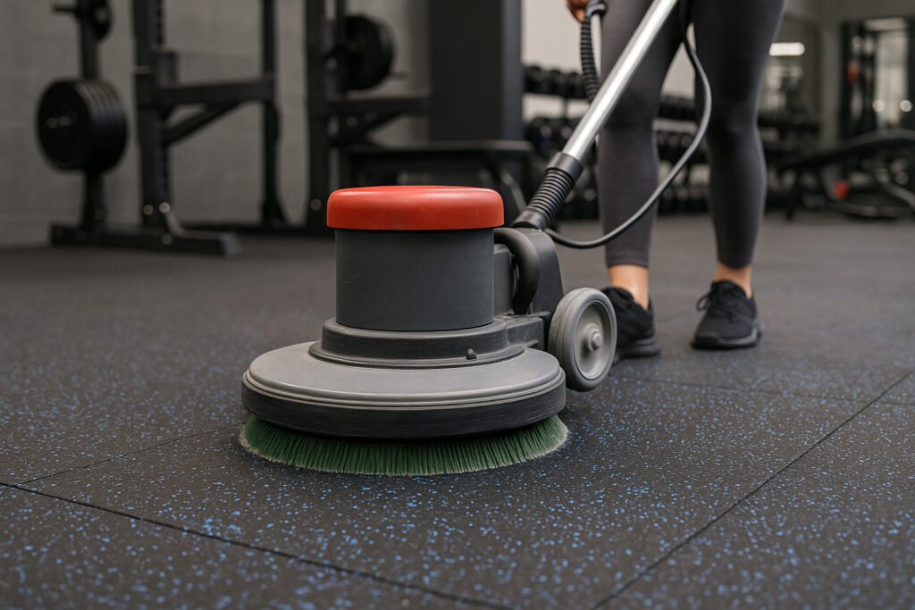 Rotary floor scrubber cleaning textured rubber tiles in a gym.