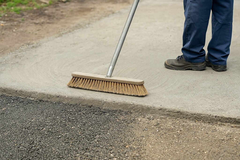 Worker sweeping concrete surface to prepare for EPDM flooring installation