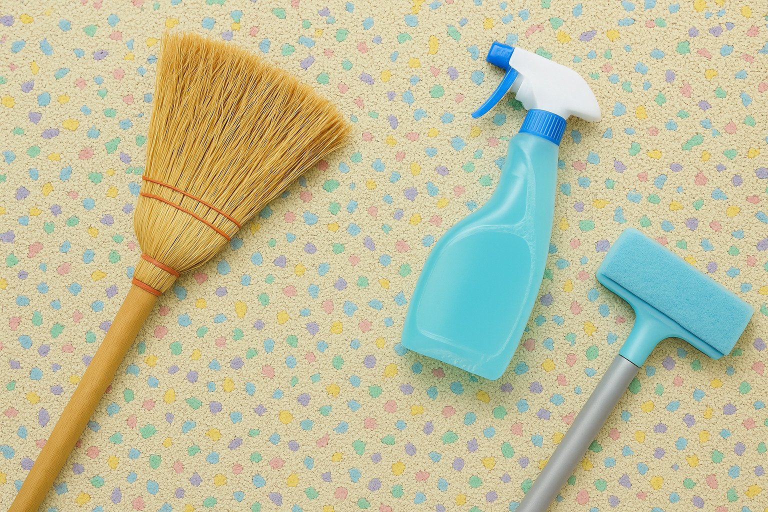 Cleaning tools including a broom, spray bottle, and sponge mop placed on bright speckled EPDM rubber flooring