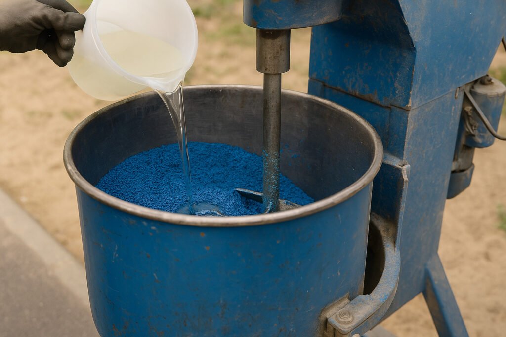 Industrial mixer with blue EPDM granules and PU binder