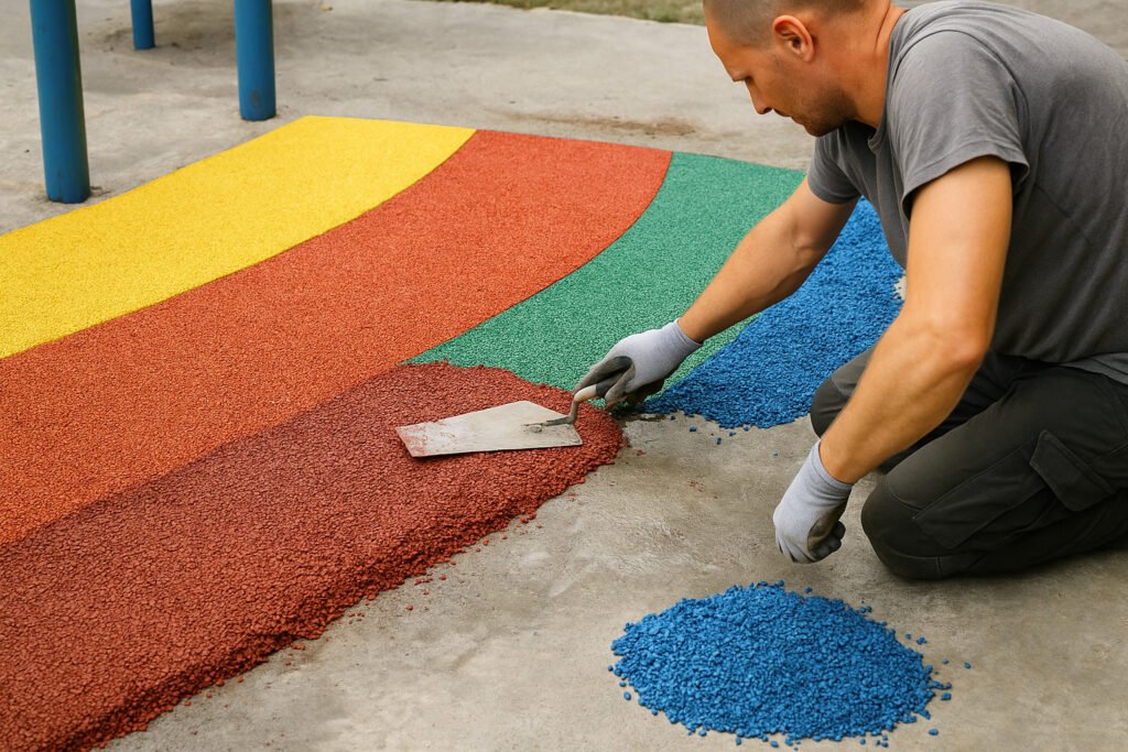 Worker installing colorful EPDM rubber flooring with trowel on concrete base
