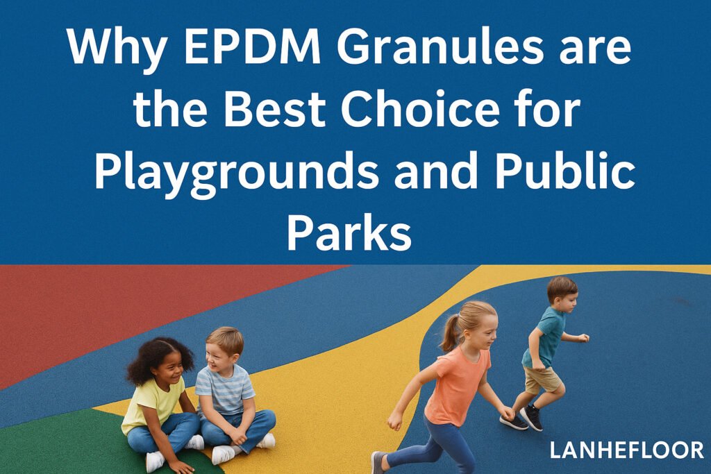 Colorful EPDM granules playground surface with children playing safely, showcasing Lanhefloor’s rubber flooring for parks and kindergartens