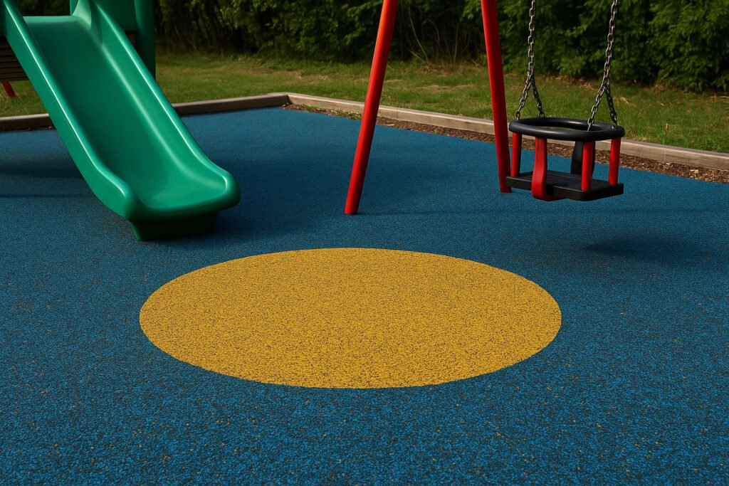 A colorful rubber playground surface made with EPDM granules, showing a yellow circle on blue base beneath a red toddler swing and green slide. This child-safe surfacing offers maximum impact protection and weather resistance, ideal for public and school playgrounds.