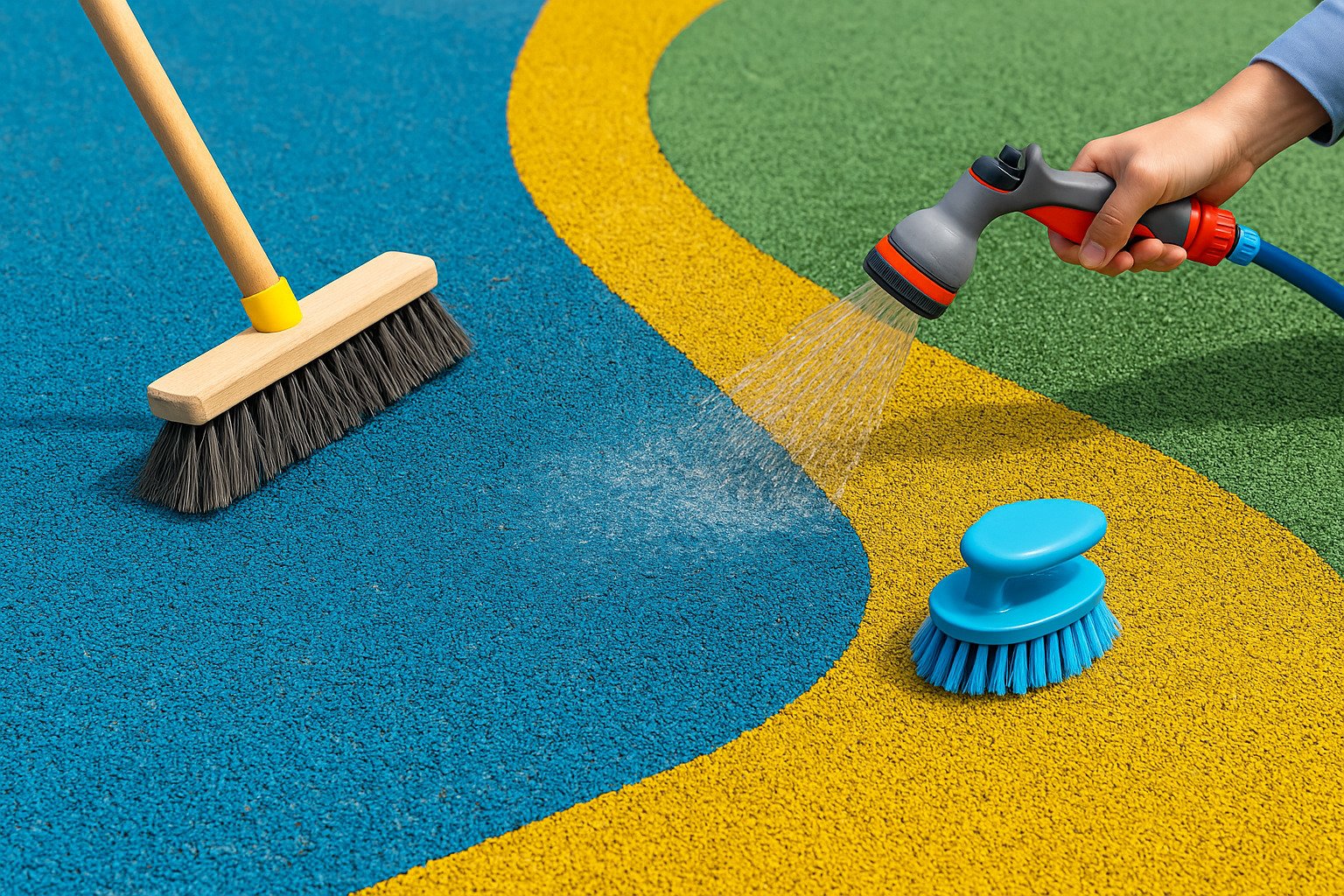 A broom sweeping and hose rinsing a colorful EPDM rubber surface, with a blue scrubbing brush placed nearby.
