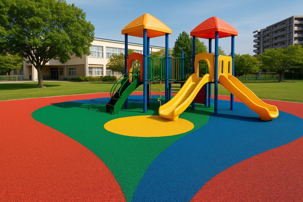 Colorful EPDM rubber flooring at a school playground with safety slides