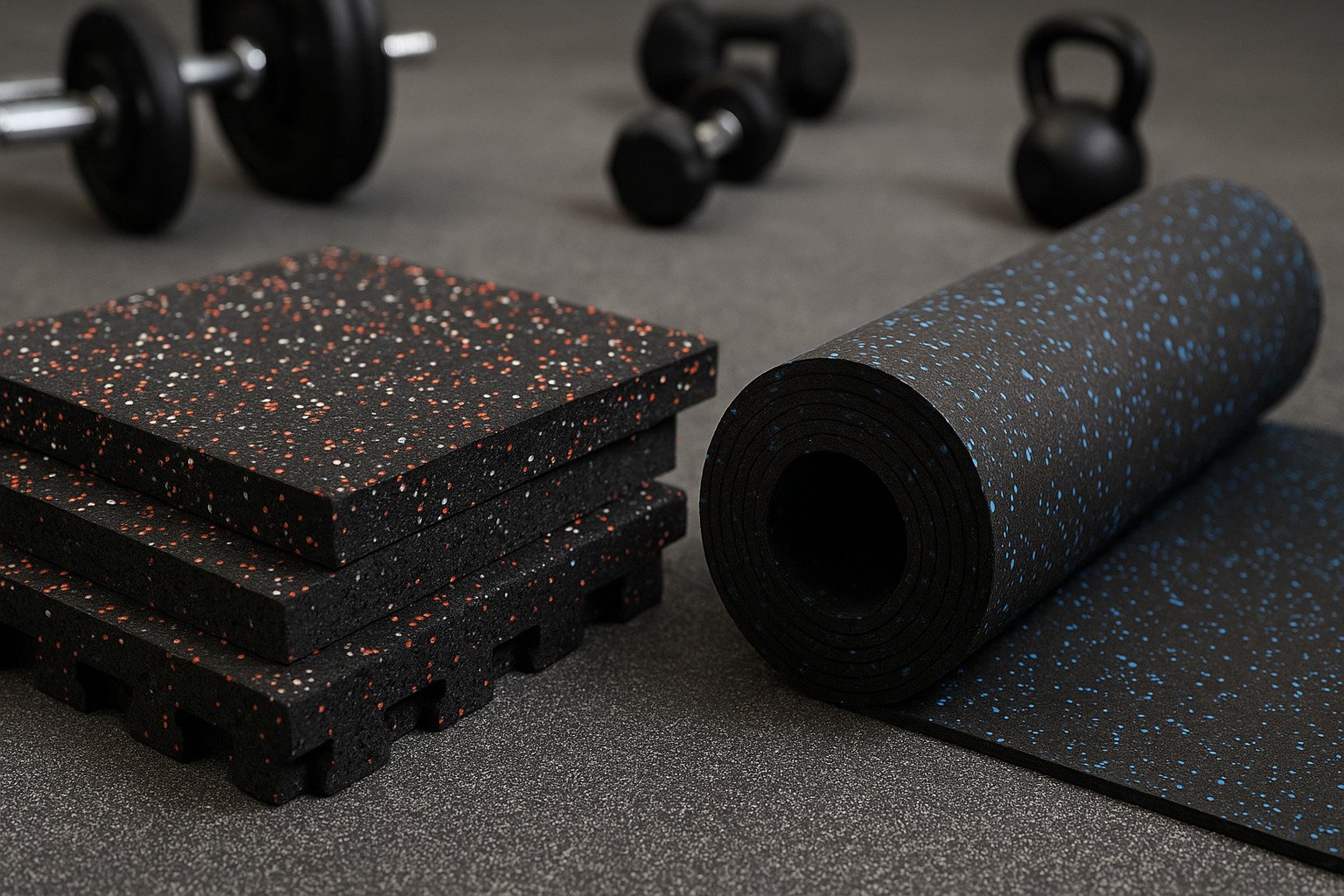 rubber gym tiles and rolls displayed side by side on gym floor, with gym equipment in background