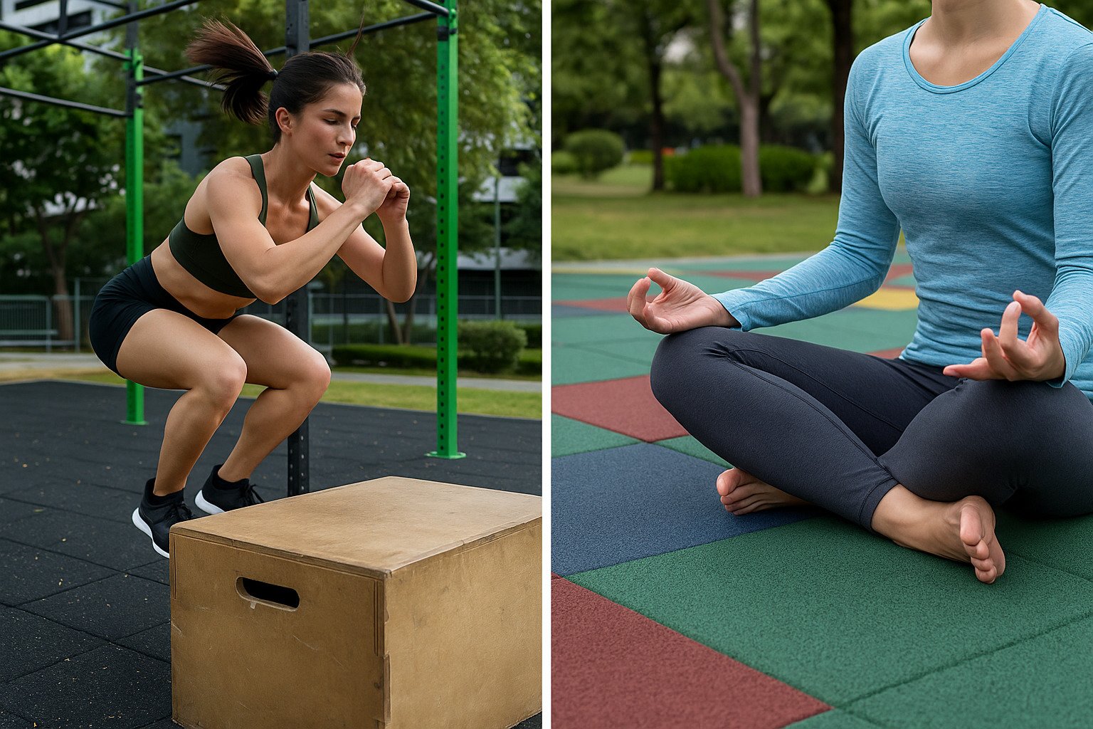 A comparison of high impact vs low impact workout environments, featuring a woman jumping in a gym and another meditating on rubber flooring outdoo