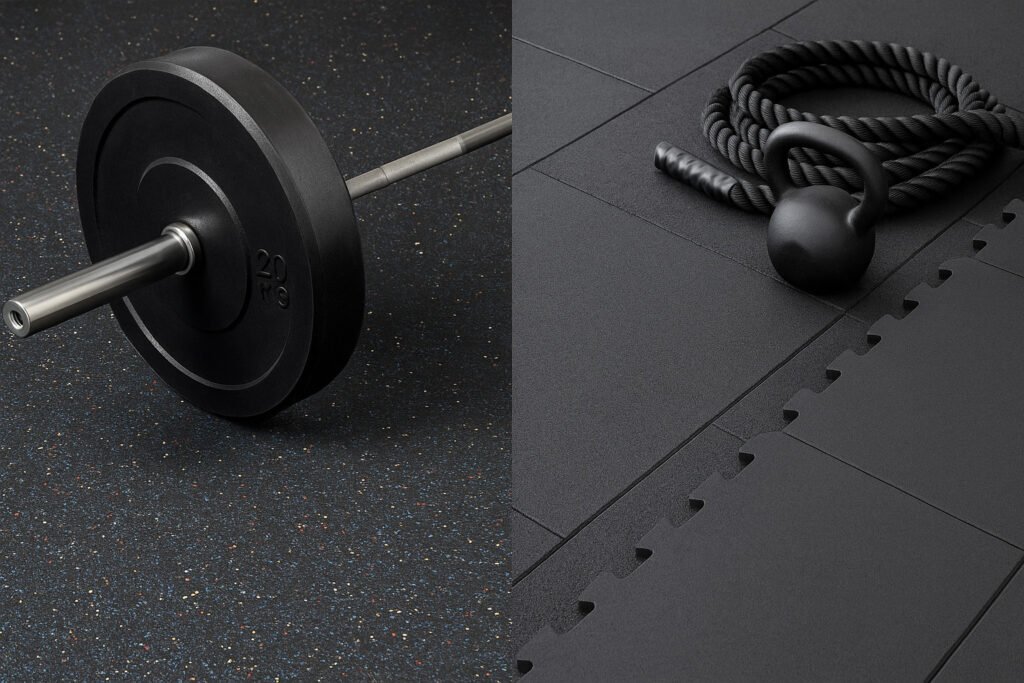 home gym floor comparison with barbell on rubber and kettlebell on foam tiles