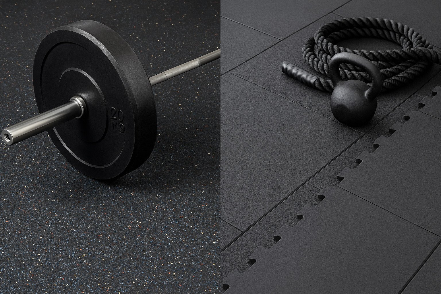 home gym floor comparison with barbell on rubber and kettlebell on foam tiles