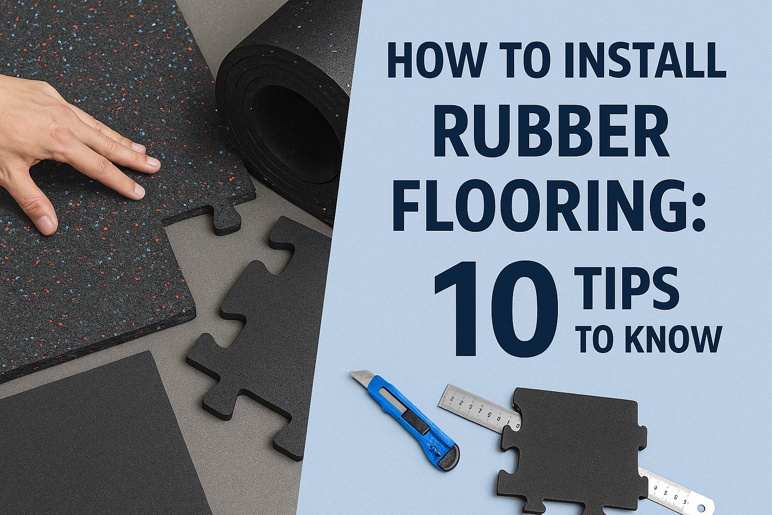 Hands installing interlocking rubber flooring tiles with tools and tips text - Lanhefloor