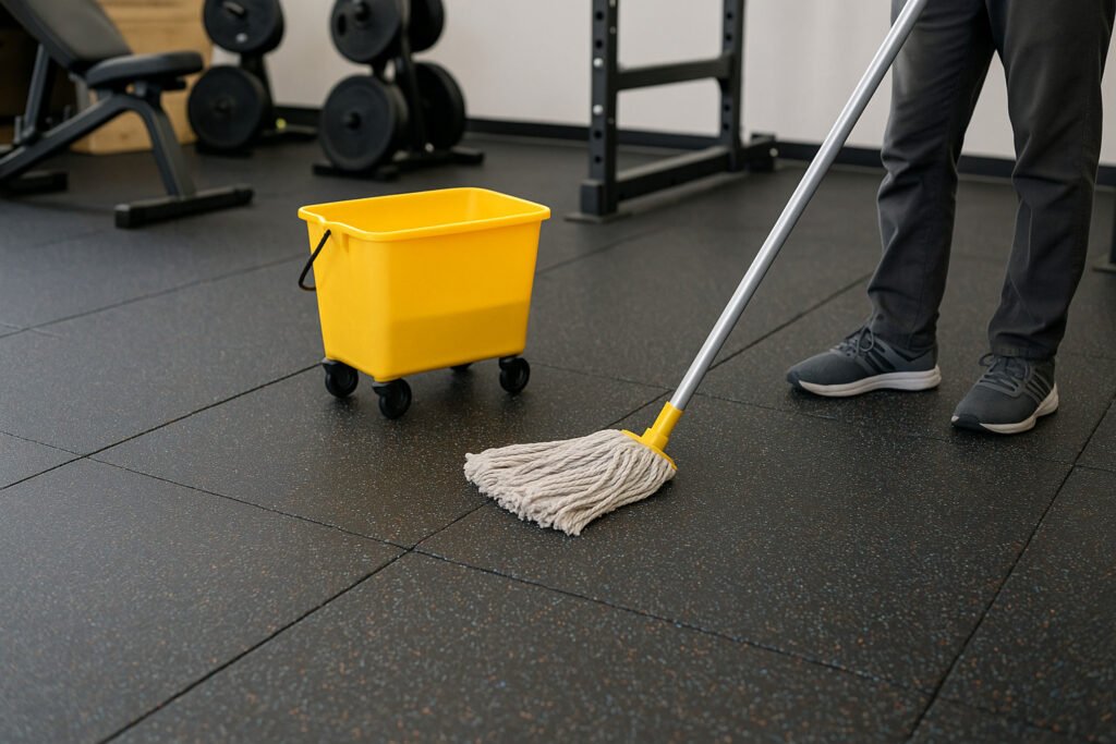 A janitor mops a speckled rubber gym floor using a string mop and yellow bucket, with gym equipment in the background