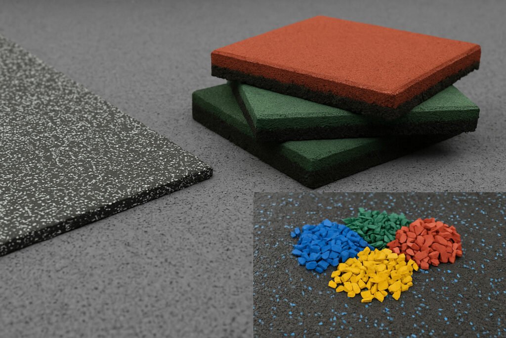 Close-up of non-toxic rubber flooring including EPDM granules and stacked SBR tiles in red, green, and black, designed for gyms and outdoor use