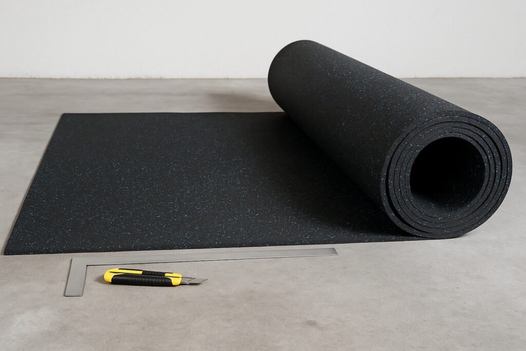 black rubber flooring roll being installed on a concrete surface
