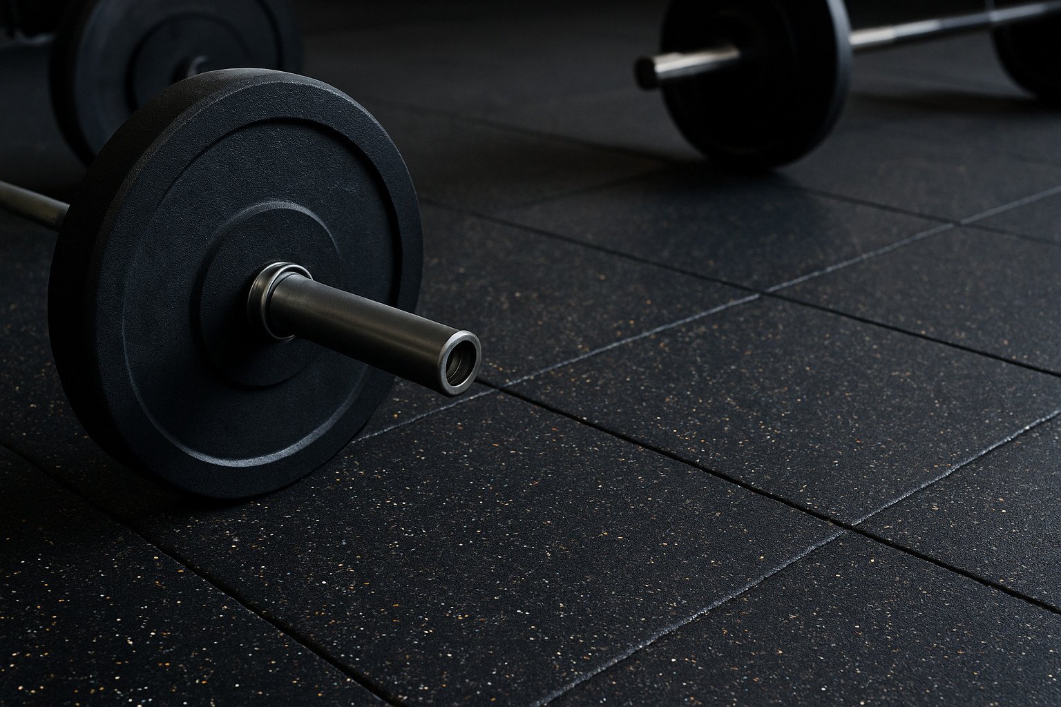Barbell resting on black rubber gym flooring designed to reduce vibration