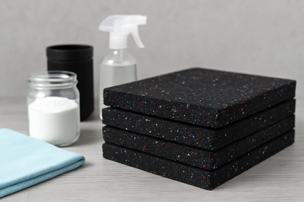 Stack of black rubber mats with cleaning supplies