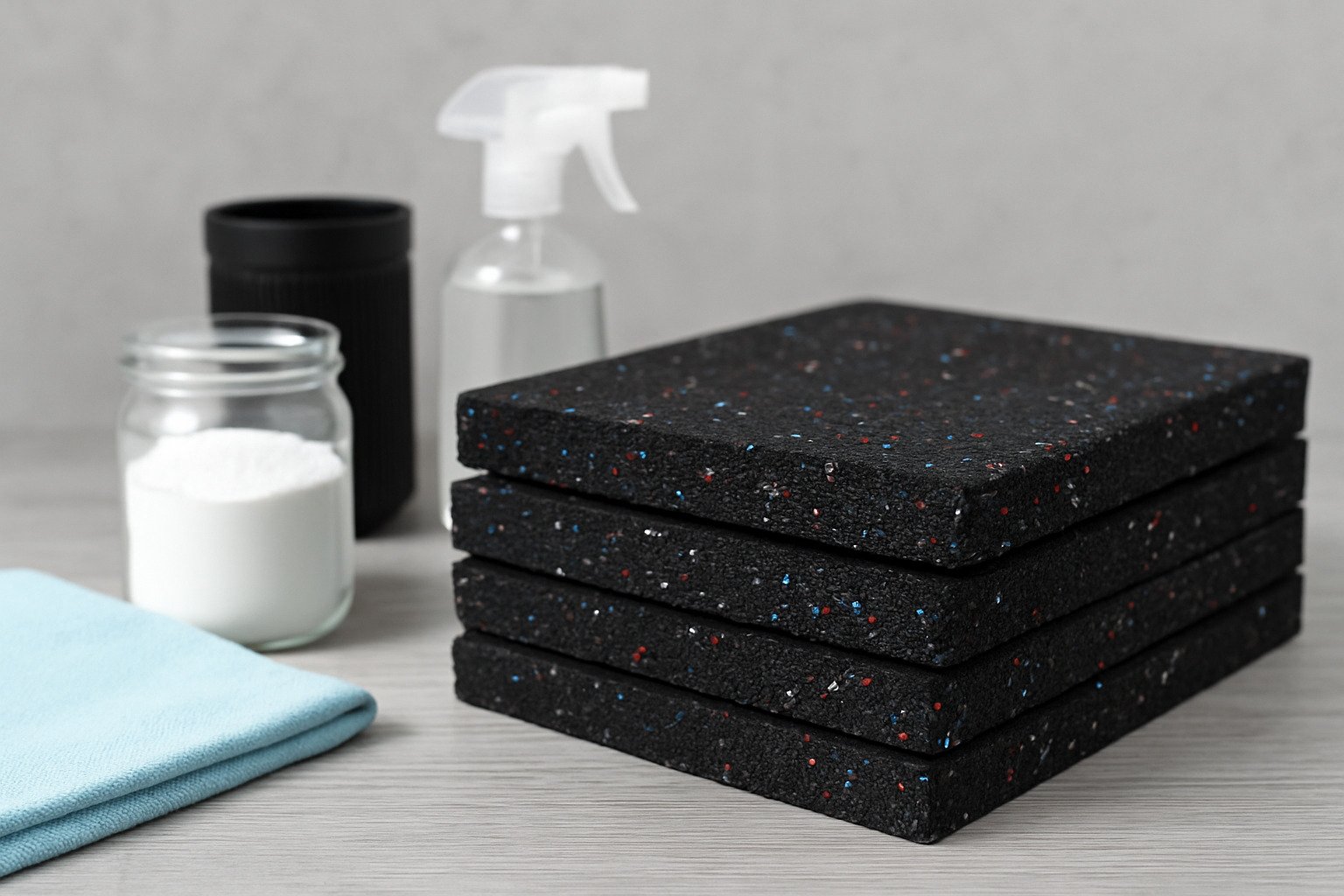 Stack of black rubber mats with cleaning supplies including vinegar, baking soda and spray bottle