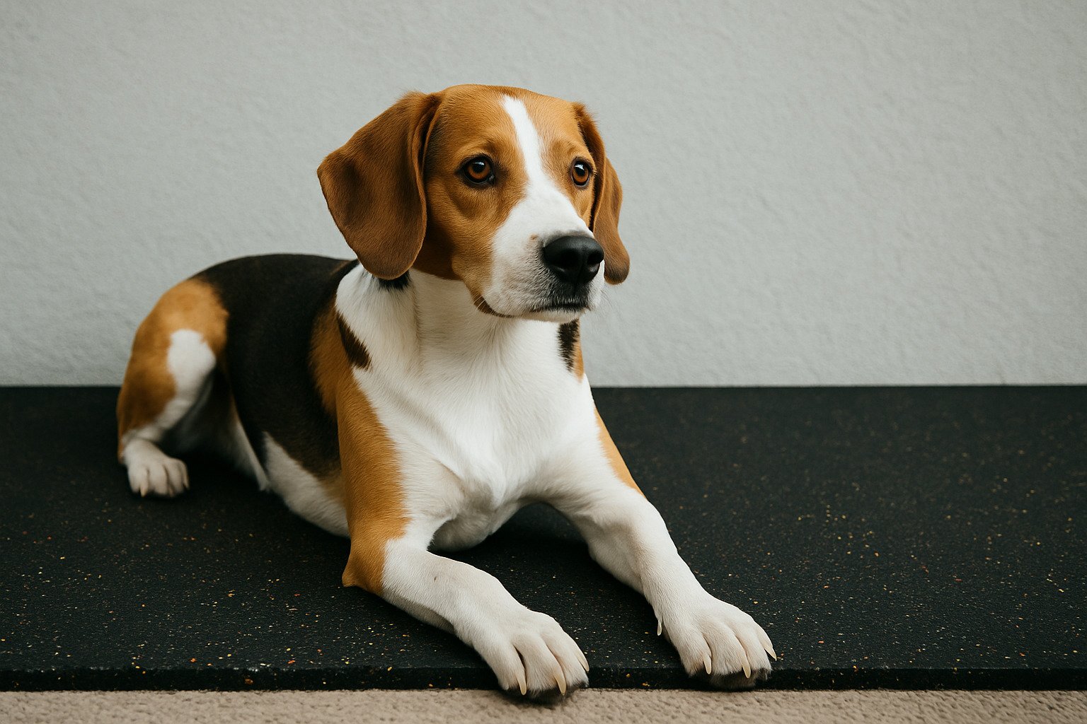 medium-sized tricolor dog resting calmly on a black rubber mat designed for pet-safe indoor flooring
