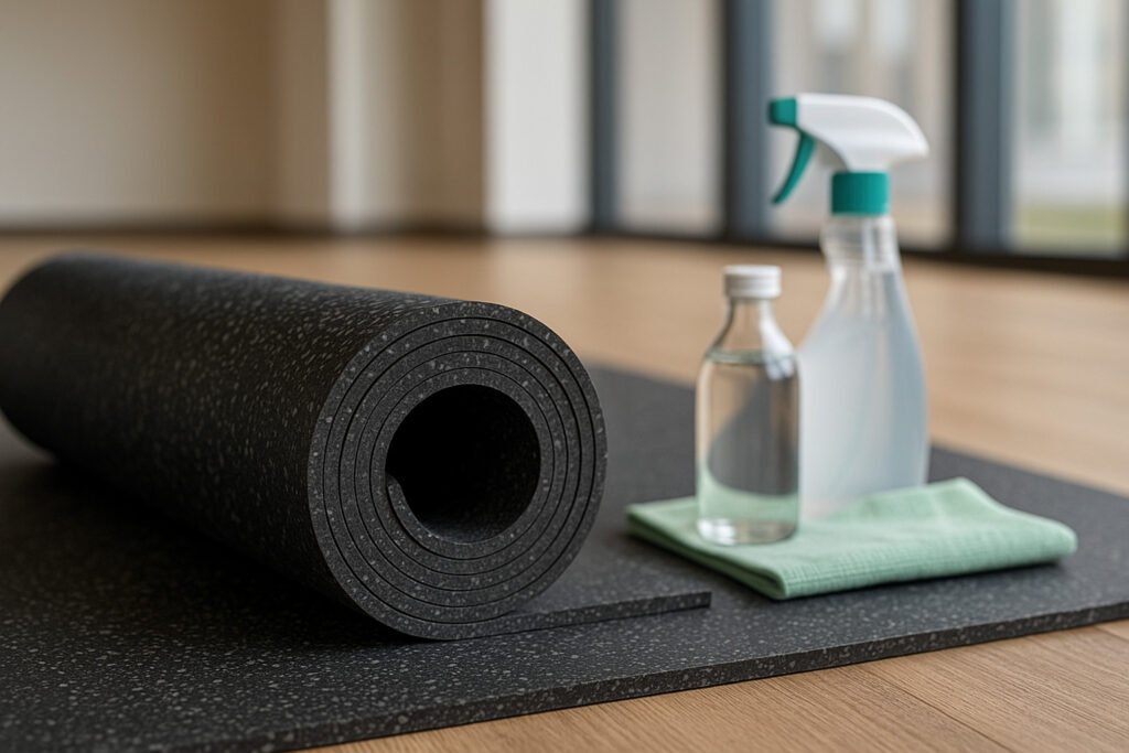 Rolled EPDM rubber mat with cleaning tools in a yoga or office room with large windows