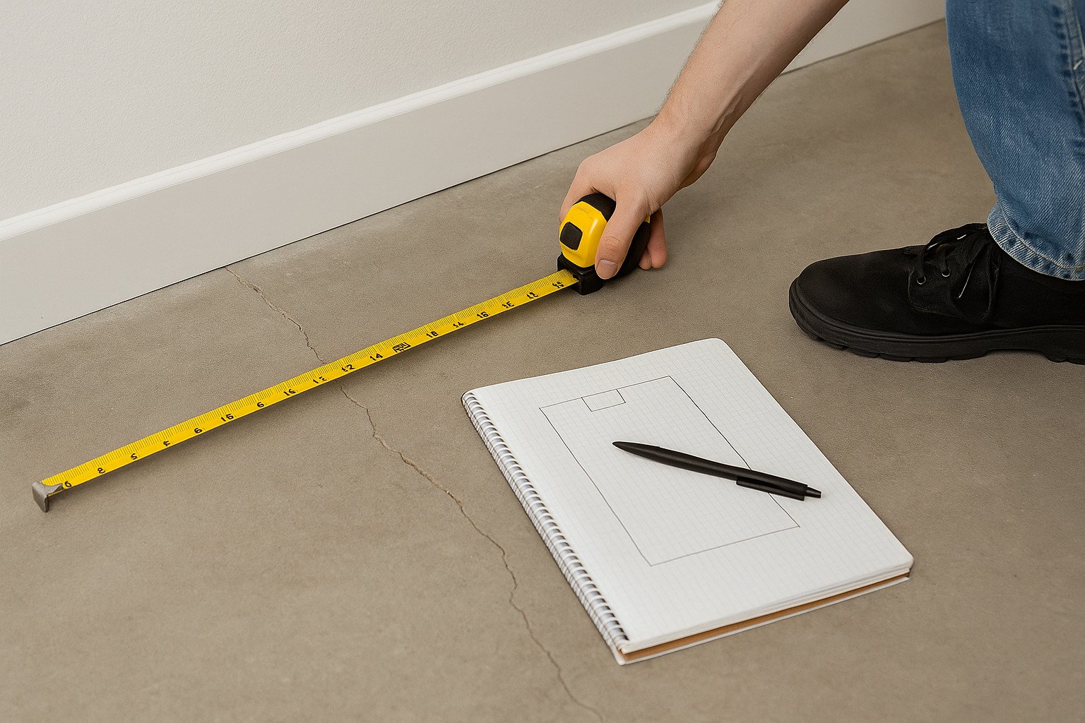 measuring room for rubber flooring with tape and layout sketch