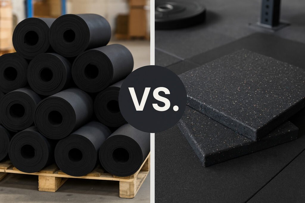 Warehouse and gym comparison of rubber rolls and tiles, showing pallet storage layout and customer preference insights for distributors.