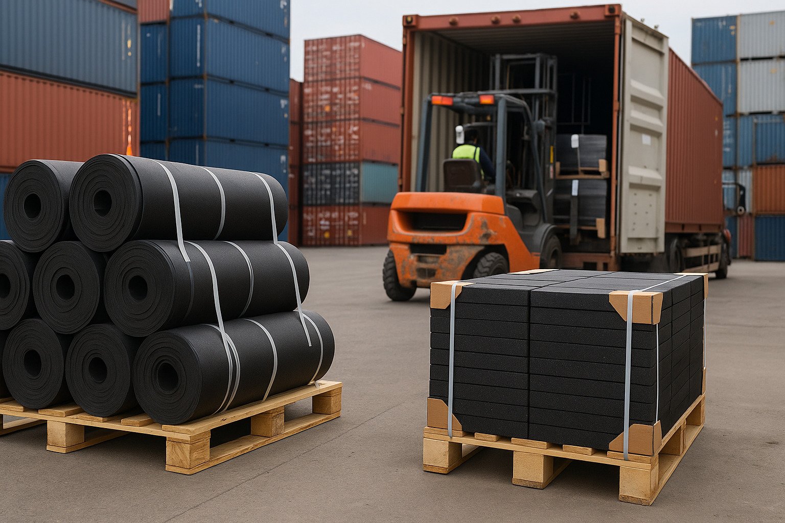 Rubber rolls and rubber tiles stacked on pallets in a shipping yard with forklift loading containers.