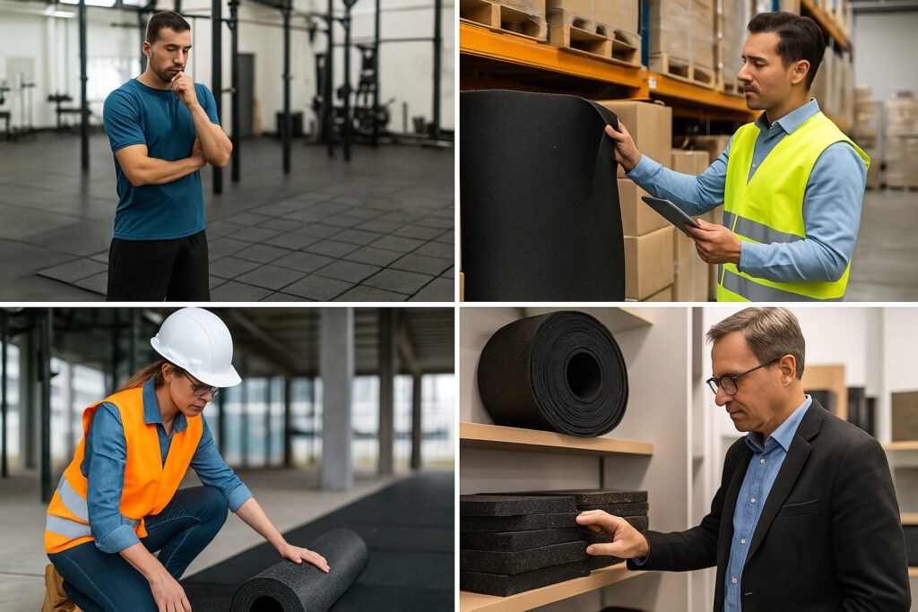 Rubber tiles and rolls shown in four settings: gym owner, importer, project manager, and distributor environments.