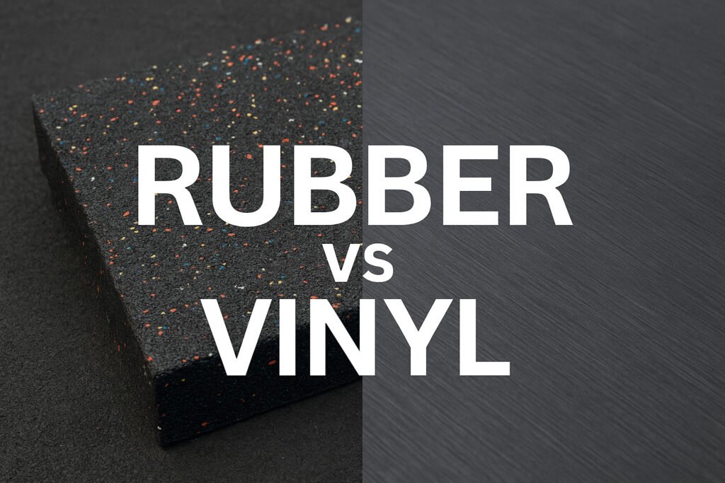 Rubber vs Vinyl flooring comparison banner showing gym rubber tile and smooth vinyl surface.