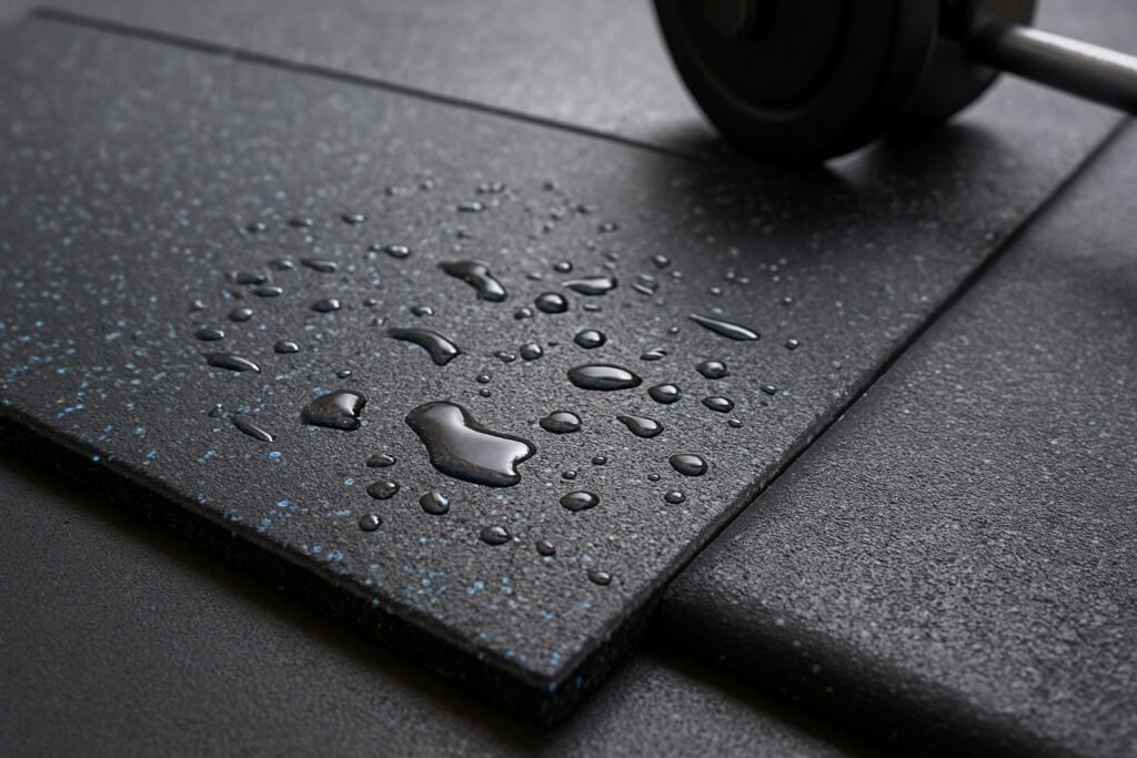 Rubber flooring with water droplets showing anti-slip surface