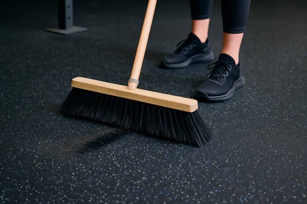A person sweeping a speckled rubber gym floor with a stiff-bristle broom during daily maintenance
