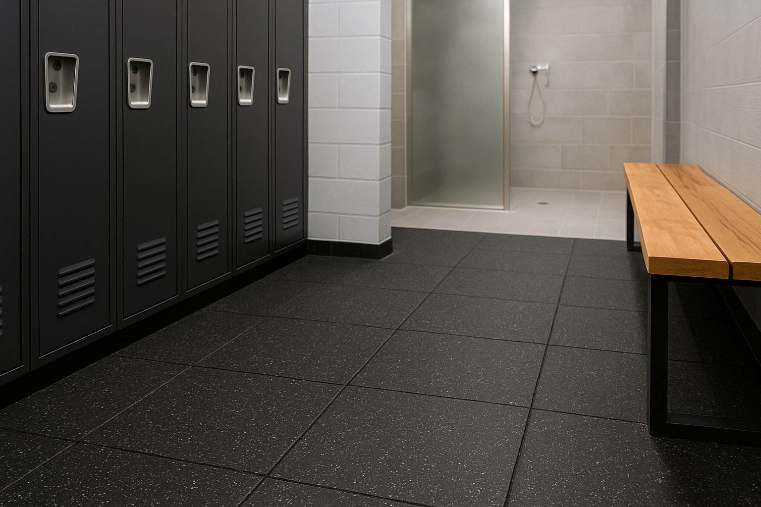 Lanhefloor rubber tile flooring installed in a locker room wet zone, combining safety, slip resistance, and modern design.