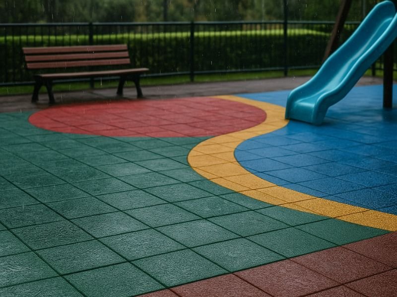 Colorful EPDM rubber tiles in an outdoor playground during rain, showing UV and weather resistance.