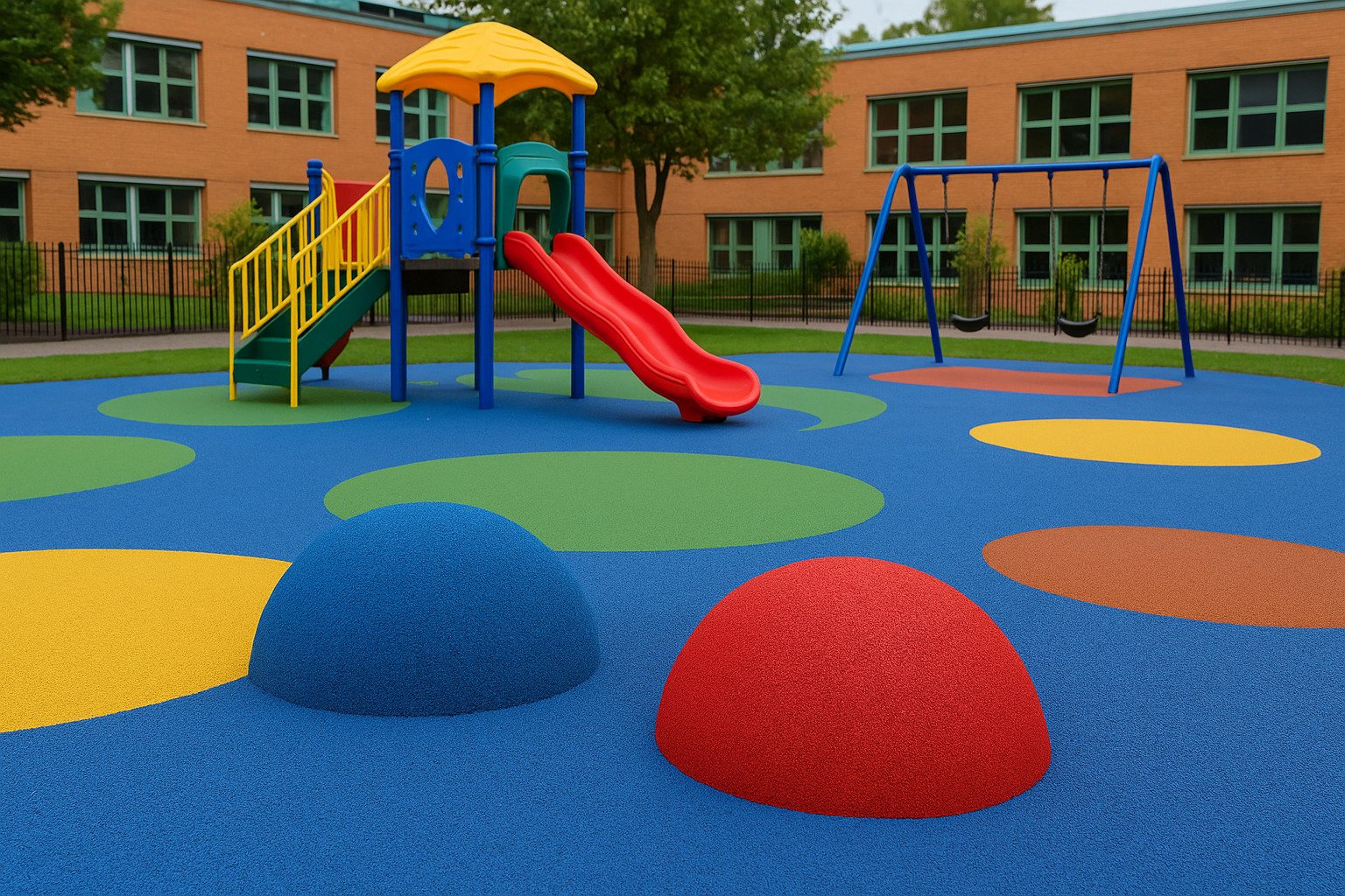Colorful EPDM rubber surface in a school playground with slides and swings