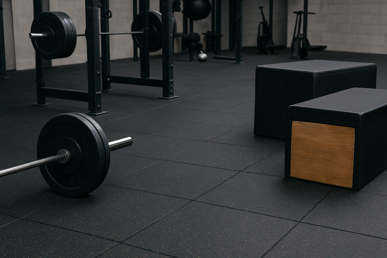 Rubber gym flooring with barbell and plyo boxes in weight zone designed for injury prevention