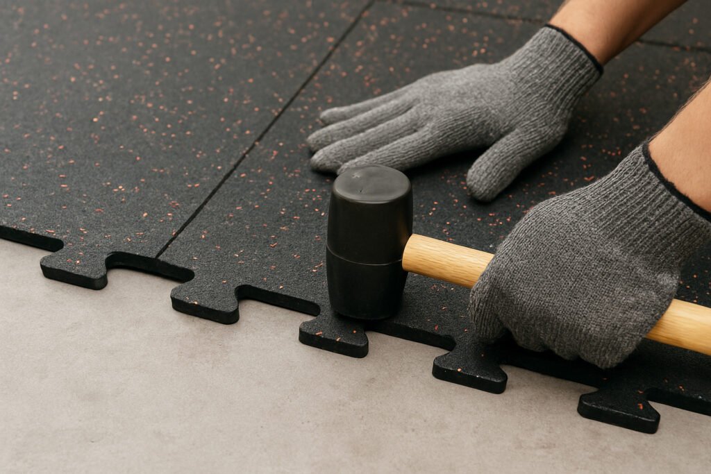 Hands installing interlocking rubber tiles with a mallet on concrete floor