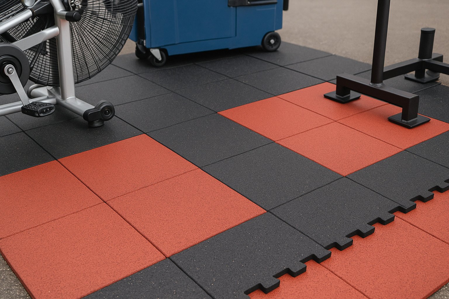 Black and red interlocking rubber tiles forming a gym floor setup for mobile fitness events