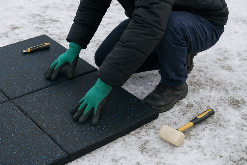 Installing rubber flooring in winter snow conditions