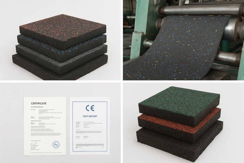 Rubber flooring tiles, roll production, CE and EN1177 certifications, and EPDM color samples from a supplier factory