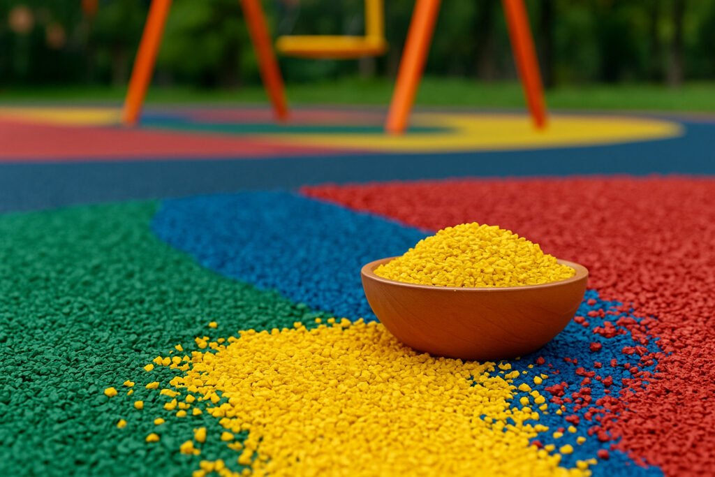 Colorful EPDM rubber granules in a wooden bowl on a multi-colored playground surface
